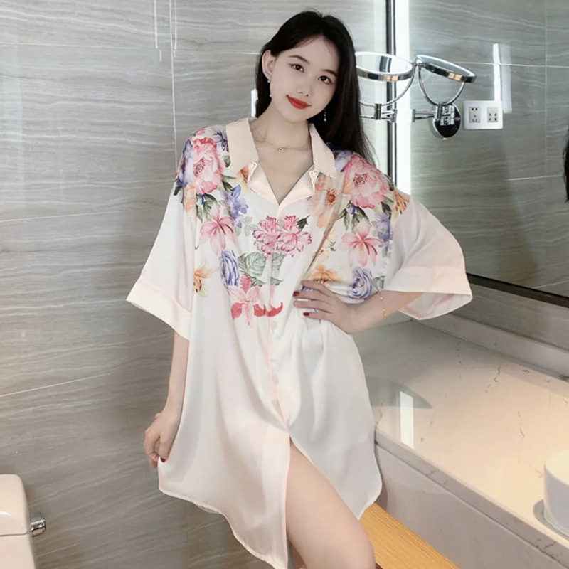 春夏蕾絲睡裙 冰絲短袖薄款寬鬆 性感襯衫睡衣裙 春夏蕾絲睡裙 冰絲短袖薄款寬鬆 性感襯衫睡衣裙